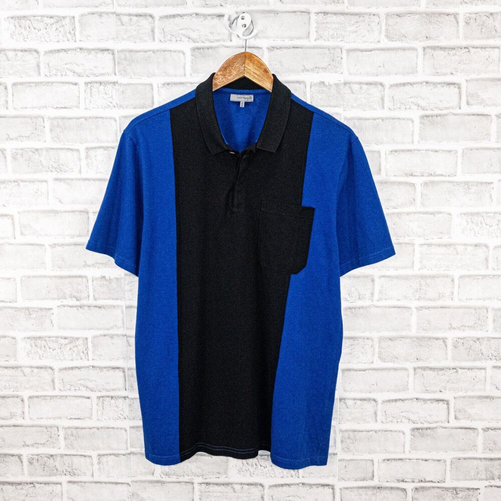 LANVIN Paris Men's Short Sleeve Colorblock Polo Shirt Blue Black cotton sz Large